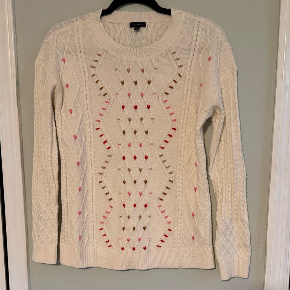Talbots Cream Sweater with Pink and Brown Details